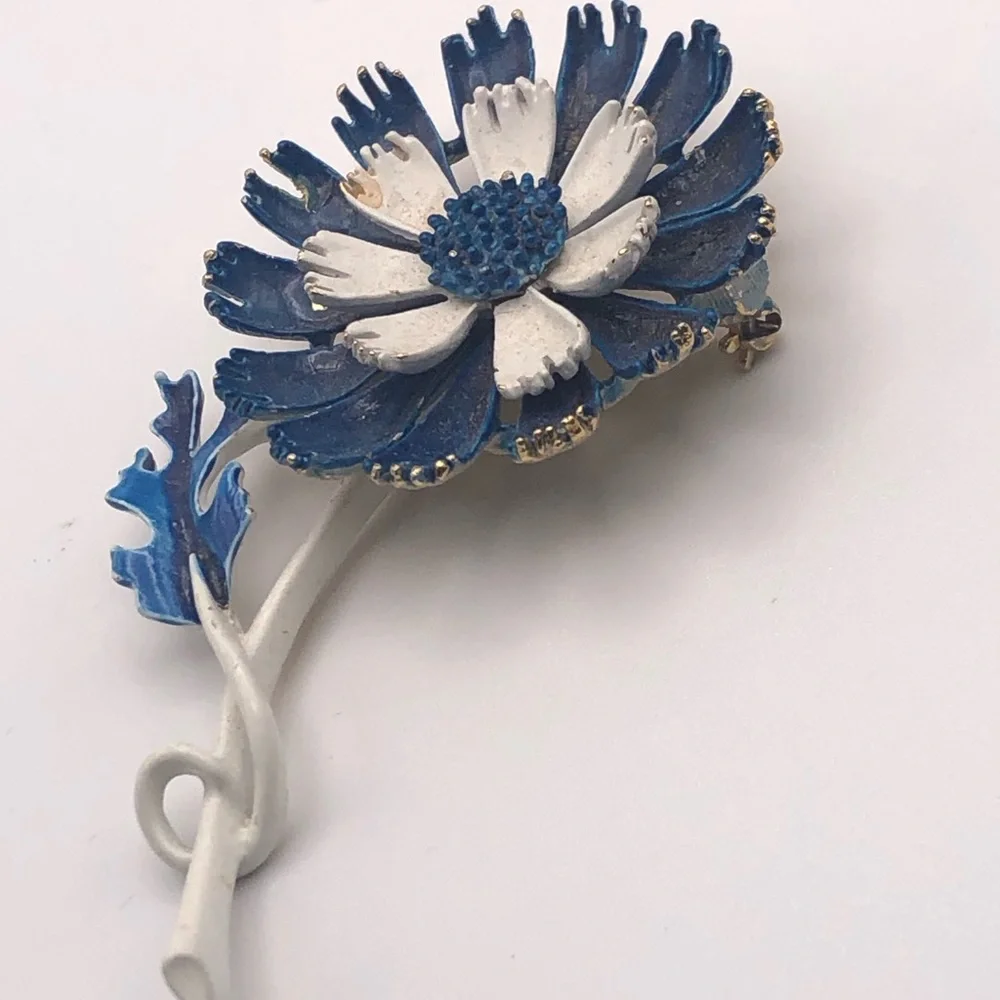 Vintage Blue & White Enamel Flower Brooch